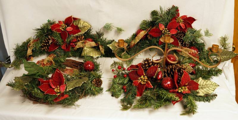 lot 2366 image: Christmas Decor Lot - Wreath, 2 Swags and Metal Candle Stand - See photos
