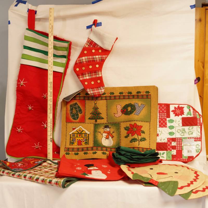 lot 2369 image: Lot of Christmas Decor - NEW place mats, BIG stocking - and more See Photos