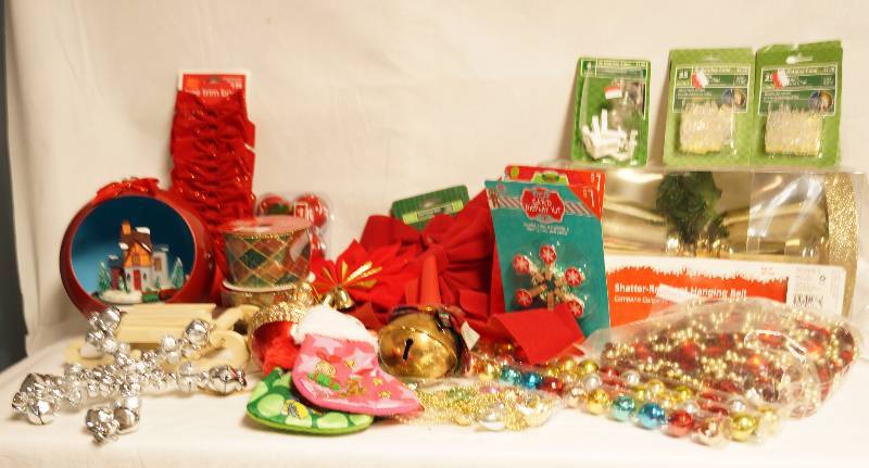 lot 2376 image: Lot of Pretty Christmas Decor - some NEW IN BOX Cute wooden Sled, electronic train, NEW ribbon and More