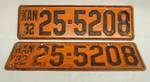 Vintage Kansas Car Plates from 1932! Front and Back Plates - KAN 25-5208 plate number COOL!!!
