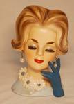 Vintage Lady Head Vase - Blue Gloves & Daisies - Pearl Earrings - NAPCOWARE No C6428 - See photos for crazing and discoloration on piece. Still nice for its age