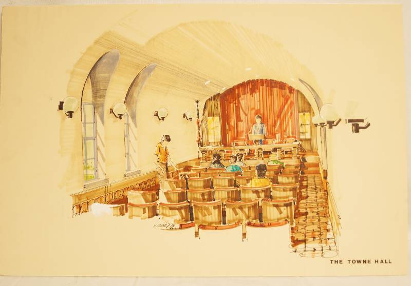 lot 2346 image: Hugh Greer Original Architectural Drawing - Safely Associates Architects-Planners - The Towne Hall - WOW