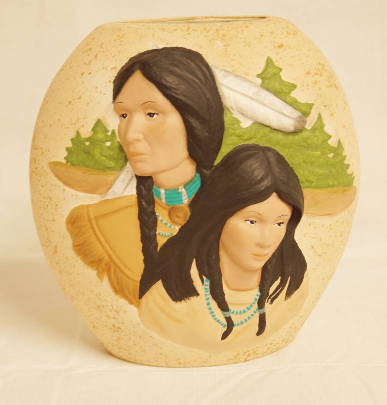 lot 2433 image: Beautiful Ceramic Vase Featuring Native American Indians by C.B.R. - Nice