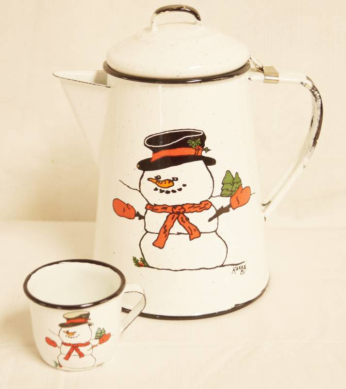 lot 2453 image: Enamel Snowman Tea Pot and Tea Cup - pained by Karen - See photos - So Cute