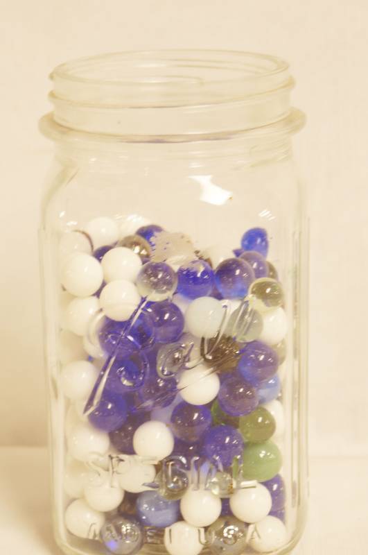 lot 2468 image: Ball Mason Jar of Glass Marbles - Clear, White, Blue, Green and more -