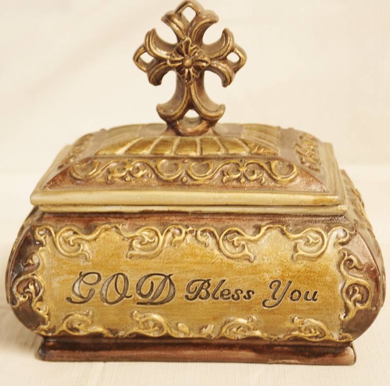 lot 2513 image: Neat Plaster Cast Box God Bless You - w ornate lid - trinket box - See photos- Nice