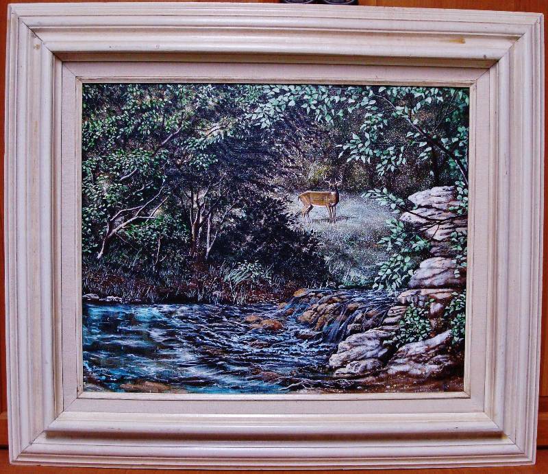 lot 2350 image: Original Painting by Glenda Thompson Wathen - 1989 - Beautiful Mountain River with a Deer - So Beautiful FRAMED