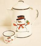 Enamel Snowman Tea Pot and Tea Cup - pained by Karen - See photos - So Cute!