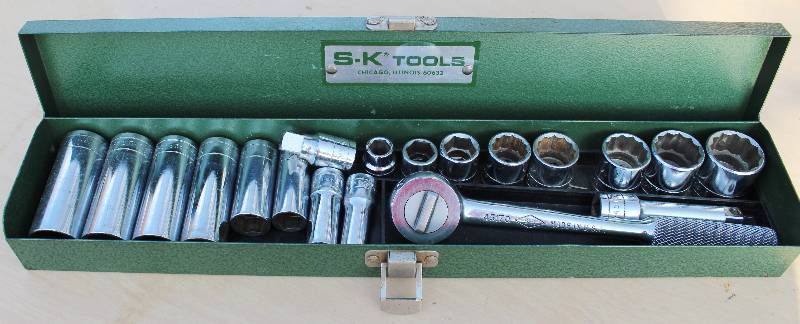 lot 7053 image: SK Tools- Set of 3 8-Inch Drive, 6-Point Sockets- Ratchet and Extension Included