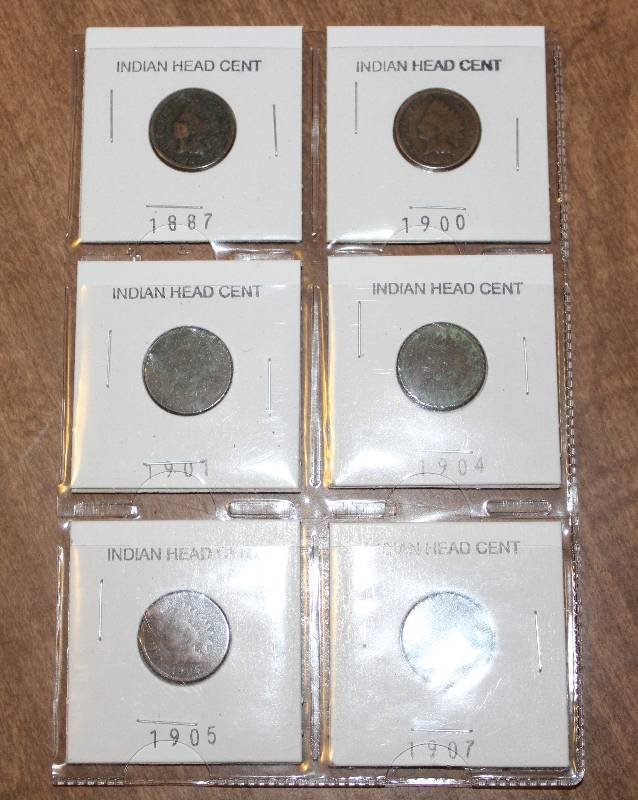 lot 4339 image: Coins - Lot of 6 Indian Head Cent - 1887, 1900, 1901, 1904, 1905, 1907