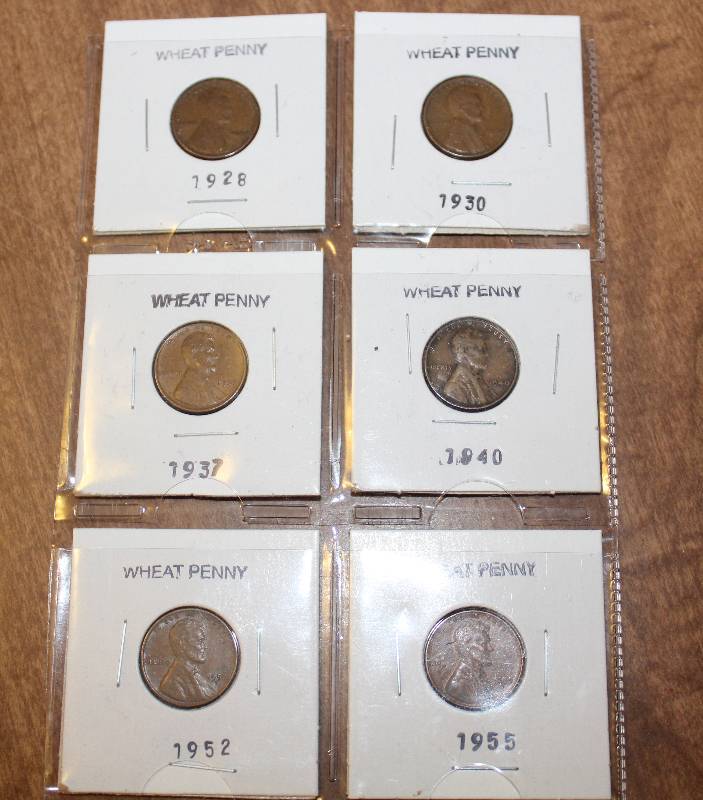lot 4343 image: Lot of 6 Wheat Pennies - 1928, 1930, 1937, 1940, 1952, 1955
