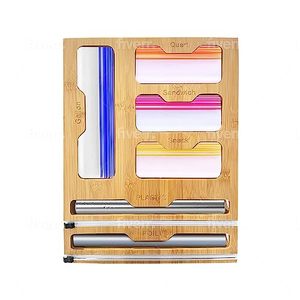 lot 27475 image: ECOODEROS Bamboo storage ziplock bags for kitchen drawer, ziplock bag organizer and storage solutions, foil and plastic wrap dispenser with cutter compatible space for gallon, quart, sandwich, snack.