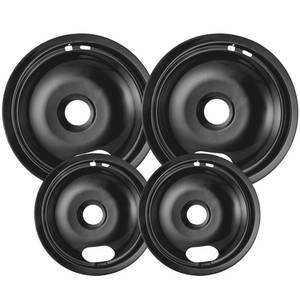 lot 27486 image: 4 Pack Black Drip Pans, Compatible with Whirpool Kenmore Frigirate Stove Top Drip Bowls. Include 2 Pcs 6 Range Replacement Drip Pans and 2 Pcs 8  Cooktop Drip Pans