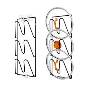 lot 27496 image: 2 Pack Pot Lid Organizer Rack, 6-Tier Pot Lids Holder for Cabinet DoorWall, No Drilling Adhesive WallDoor Mounted Rustproof Pot and Pan Cover for Kitchen Storage, Classic Black