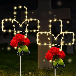 lot 27503 image: Enhon 2 Pack 24 Inch Outdoor Solar Cross Flower Lights, Cemetery Solar Light for Grave Decorations, Solar Waterproof Stake Lights for Yard, Patio, Pathway, Remembrance Sympathy Gifts for Loved Ones