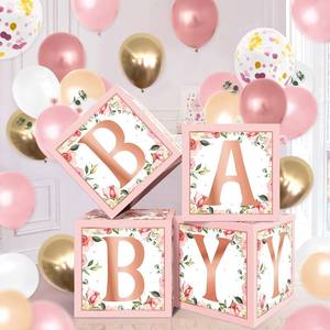 lot 27505 image: Levfla Floral Rose Gold Baby Balloons Boxes Decoration Baby Shower Backdrop Blocks Gender Reveal Party Supplies Pink Eucalyptus Flower Gold Little Girl B-Day Favor Ideas