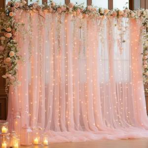 lot 38009 image: PARTISKY 10x10ft Peach Tulle Backdrop Curtain with Lights String for Parites, Sheer Backdrop Curtains for Wedding Baby Shower Birthday Party Photo Shoot Decorations