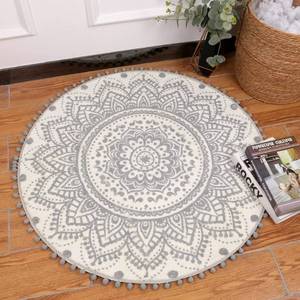 lot 38037 image: LIVEBOX Round Boho Rug 3ft Machine Washable Mandala Area Rug with Chic Pom Pom Fringe Non-Slip Ultra Soft Indoor Sofa Floor Mat for Bathroom Bedroom Living Room Playroom Kids Room(Grey and Cream)