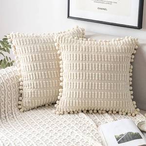 lot 38049 image: MIULEE Boho Cream White Corduroy Decorative Throw Pillow Covers Pack of 2 Pom-pom Soft Striped Pillow Covers Modern Farmhouse Home Decor for Decoration Sofa Living Room Couch Bed 18x18 Inch