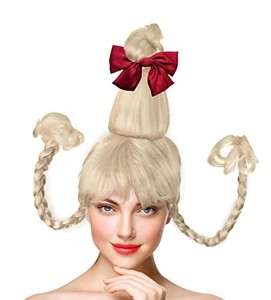 lot 38051 image: GEAGLE Cindy Wig Long Blonde Wig with Bangs Christmas Braided Wigs with Red Bow Xmas Cosplay Costume Accessories Party Women (Cindy Wig)