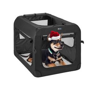 lot 38079 image: Veehoo Folding Soft Dog Crate, 3-Door Portable Collapsible Pet Kennel for Crate-Training Dogs, 5 x Durable Mesh Screen, 600D Cationic Oxford Fabric, Indoor & Outdoor Use, 20, Black