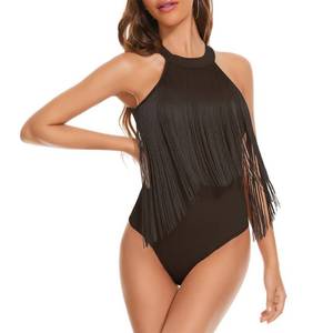 lot 38089 image: Womens Fringe Sleeveless Bodycon Halter Bodysuit Top Solid One Piece Concert Outfits Deep Coffee S
