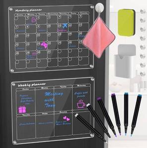 lot 38116 image: Acrylic Magnetic Calendar for Fridge Monthly & Weekly Dry Erase Board Magnetic Fridge Calendar, 2 Set Clear Reusable Planner Whiteboard Calendar 16x12 with 6 MarkersPen HolderEraserTowelHook