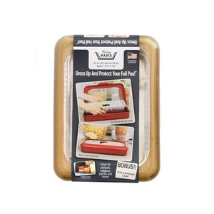 lot 38131 image: Fancy Panz Cake Pan Dress Up & Protect Your Foil Pan Made in USA Foil Pan & Serving Spoon Included. Hot or Cold Food. Stackable for easy travel. BPA free (Gold Swirl Cake Pan)