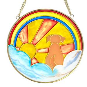 lot 38159 image: Stained Glass Pet Dog Memorial Gifts for Loss of Dog, Window suncatcher, Pet Loss Gifts, Brown Dog on Cloud, Sun & Rainbow Bridge Pet Memorial Gifts, Loss of Dog Sympathy Gift, Dog Remembrance