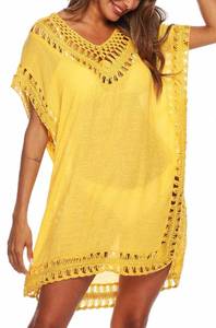 lot 38170 image: SIAEAMRG Swimsuit Cover Ups for Women, V Neck Hollow Out Bikini Bathing Suit Swimwear Coverup Crochet Chiffon Boho Beach Cover Up Dress (Yellow, XXL)
