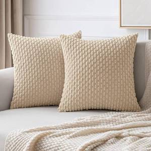 lot 38175 image: MIULEE Throw Pillow Covers Soft Corduroy Decorative Set of 2 Boho Striped Pillow Covers Pillowcases Farmhouse Home Decor for Couch Bed Sofa Living Room 18x18 Inch Beige