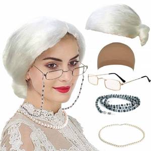 lot 38179 image: qnprt Old Lady Costume Characters Set - Old LadyMrs. Santa Wig, Madea Granny Glasses, Eyeglass Chains Holder and Cords Strap,FauxPearl Beads Choker Necklaces (Style-3)