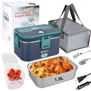 lot 38186 image: PHIWILLS 80W Electric Lunch Box 1.8L Container Food Warmer Heater, 12V24V110V Heated Lunchbox for CarTruckWork with 0.45L Compartment, Stainless Steel Spoon & Fork, Insulated Bag
