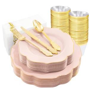 lot 38187 image: NOCCUR 175PCS Pink Plastic Plates - Pink Plates with Gold Disposable Silverware - Include 50 Plates,25 Knives,25 Forks,25 Spoons,25 Cups and 25 Napkins - Ideal for Wedding, Party,Shower&Mothers Day