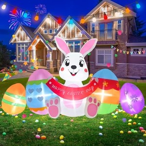 lot 38191 image: Mahoon 6FT Long Easter Inflatable Bunny Outdoor Decorations, Happy Easter Bunny with Eggs Blow up Rabbit Yard Decorations with Build-in 6 LED Lights for Holiday Party Indoor Garden Lawn Spring D�cor