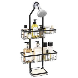 lot 38204 image: Fixwal Shower Caddy Over Shower Head, No Drilling Bathroom Hanging Shelf Storage Organizer Rack Basket with Hooks, Soap Holder and Adhesives, Rustproof Waterproof Anti-Swing, Black