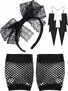 lot 38271 image: 80s Costume Accessories Lace Headband Neon Earrings Fingerless Fishnet Gloves - Black