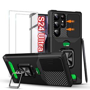 lot 38287 image: Jusy Wallet Case for Samsung Galaxy S24 Ultra & 2 Screen Protectors, with Sliding Camera Cover, Card Holder Slot and Magnetic Kickstand Ring, Heavy Duty Case Military Grade Cover (Black)
