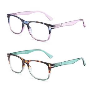 lot 38299 image: Loycco 2 Pack Square Reading Glasses Blue Light Blocking Readers Spring Hinge for Women Men (Square 2 pack Mix(purple  green), 1.75