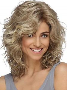 lot 38353 image: SEVENCOLORS Blonde Curly Bob Wigs for White Women Short Layered Wavy Hair Wigs with Dark Roots Fluffy Natural Synthetic Wigs for Daily Party Use