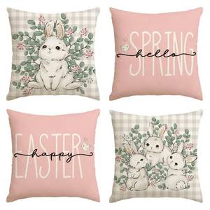 lot 38355 image: AVOIN colorlife Happy Easter Buffalo Plaid Rabbit Pink Throw Pillow Cover, 16 x 16 Inch Eucalyptus Leaves Hello Spring Cushion Case Decoration for Sofa Couch Set of 4