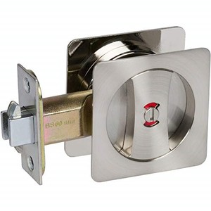 lot 38361 image: Delaney Hardware 370109 Satin Nickel Contemporary Privacy Square Pocket Door Lock with Edge Pulls and Color Coded Indicators, Satin Nickell Pocket Door Hardware, Pocket Door Lock, Sliding Door Lock