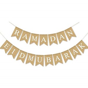 lot 38369 image: SWYOUN Burlap Ramadan Eid Mubarak Banner Supplies Muslim Fireplace Mantel Decoration