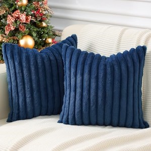 lot 38370 image: Pallene Faux Fur Plush Throw Pillow Covers 18x18 Set of 2 - Luxury Soft Fluffy Striped Decorative Pillow Covers for Sofa, Couch, Living Room - Navy Blue