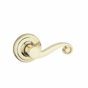 lot 38384 image: Kwikset Lido Dummy Door Handle, Single Sided Lever for Closets, French Double Doors, and Pantry, Polished Brass Non-Turning Right Handed Interior PushPull Lever
