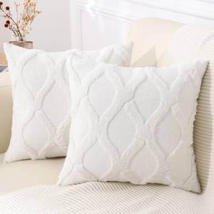lot 38391 image: decorUhome Decorative Throw Pillow Covers 18x18 Set of 2, Soft Plush Faux Fur Wool Pillow Covers for Couch Bed Sofa Living Room, Cream White