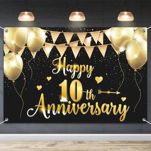 lot 38426 image: HAMIGAR 6x4ft Happy 10th Anniversary Banner Backdrop - 10 Wedding Anniversary Decorations Party Supplies - Black Gold