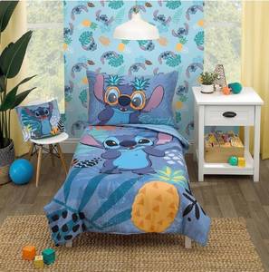 lot 38437 image: Disney Stitch Weird But Cute Blue, Teal and Coral 4 Piece Toddler Bed Set - Comforter, Fitted Bottom Sheet, Flat Top Sheet, and Reversible Pillowcase