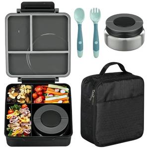lot 38448 image: Bento Lunch Box Set for Kids with 8oz Soup Thermo, Leak-Proof Lunch Containers with 4 Compartment, Kids Thermo Hot Food Jar and Insulated Lunch Bag for Kids to School-Black