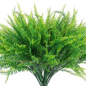 lot 38467 image: Hananona 12 Pcs Artificial Outdoor Plants Fake Boston Fern Stems, UV Resistant Faux Artificial Plants Shrubs Outdoors Plastic Plant Bulk for Hanging Planter Porch Window Home Decor (12, Green)